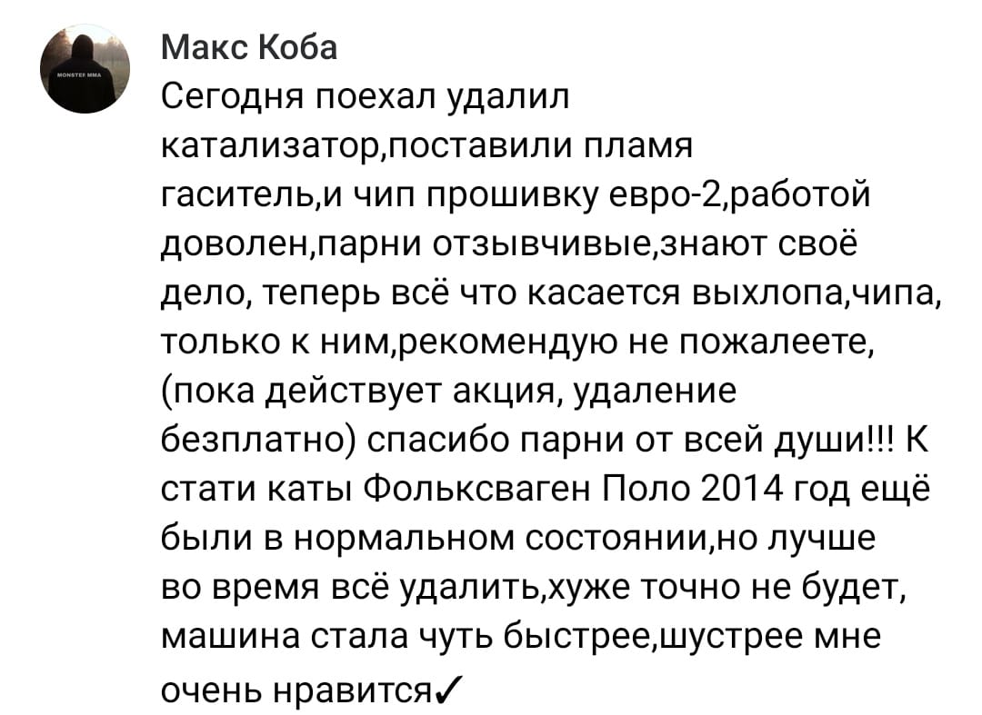 Положительный отзыв на услугу удаление катализатора в Казани